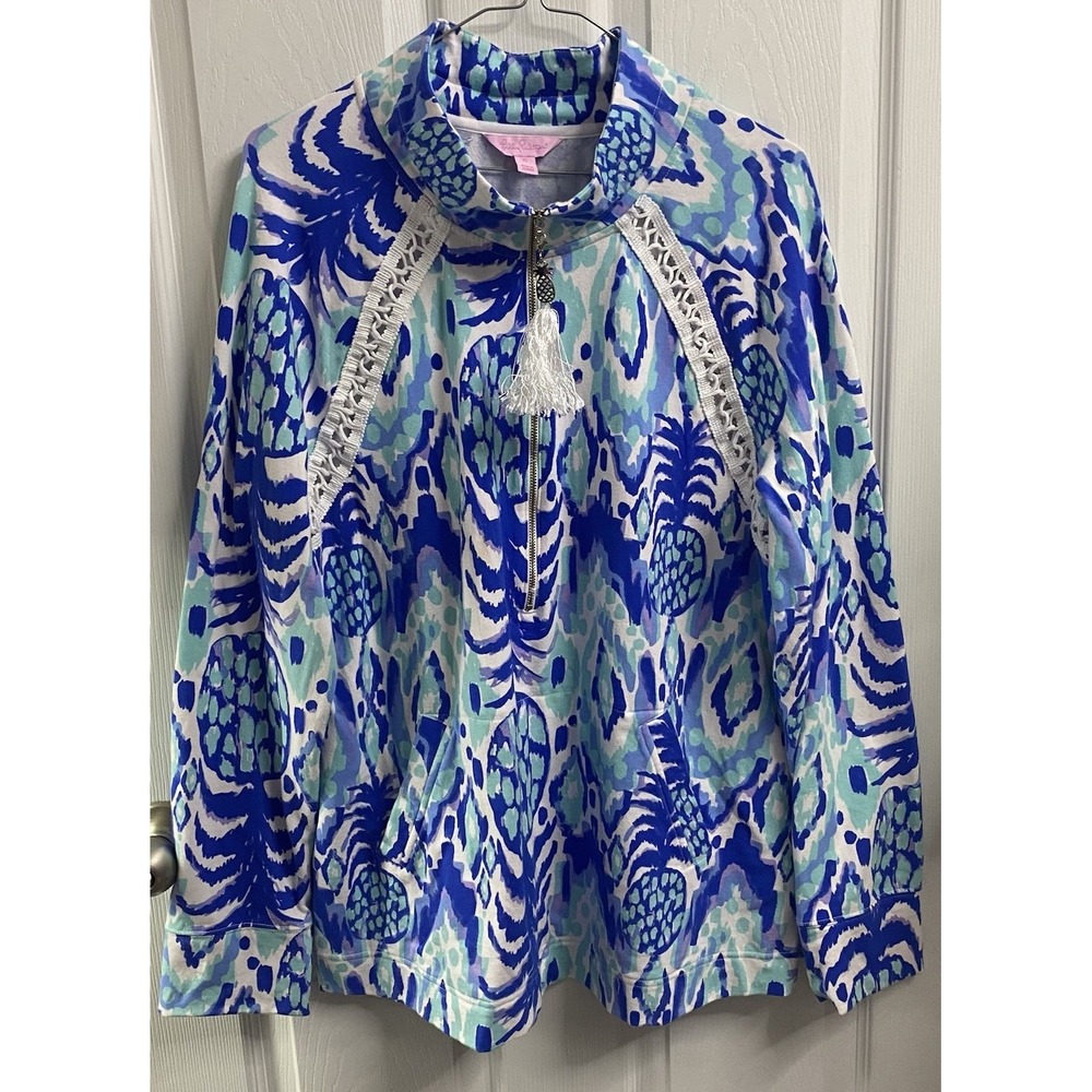 Lilly Pulitzer Skipper Popover 1/2 Zip Jacket Pineapple Print W/ Lace Blue XL